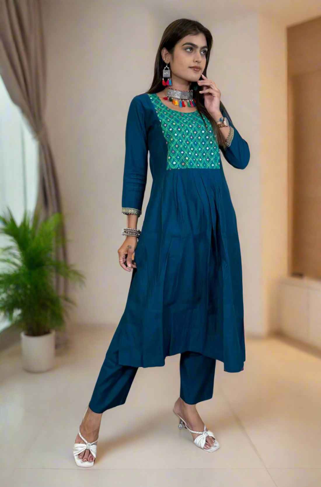 Full Front View – Mirror hand work berlin silk dark blue Aline Kurta