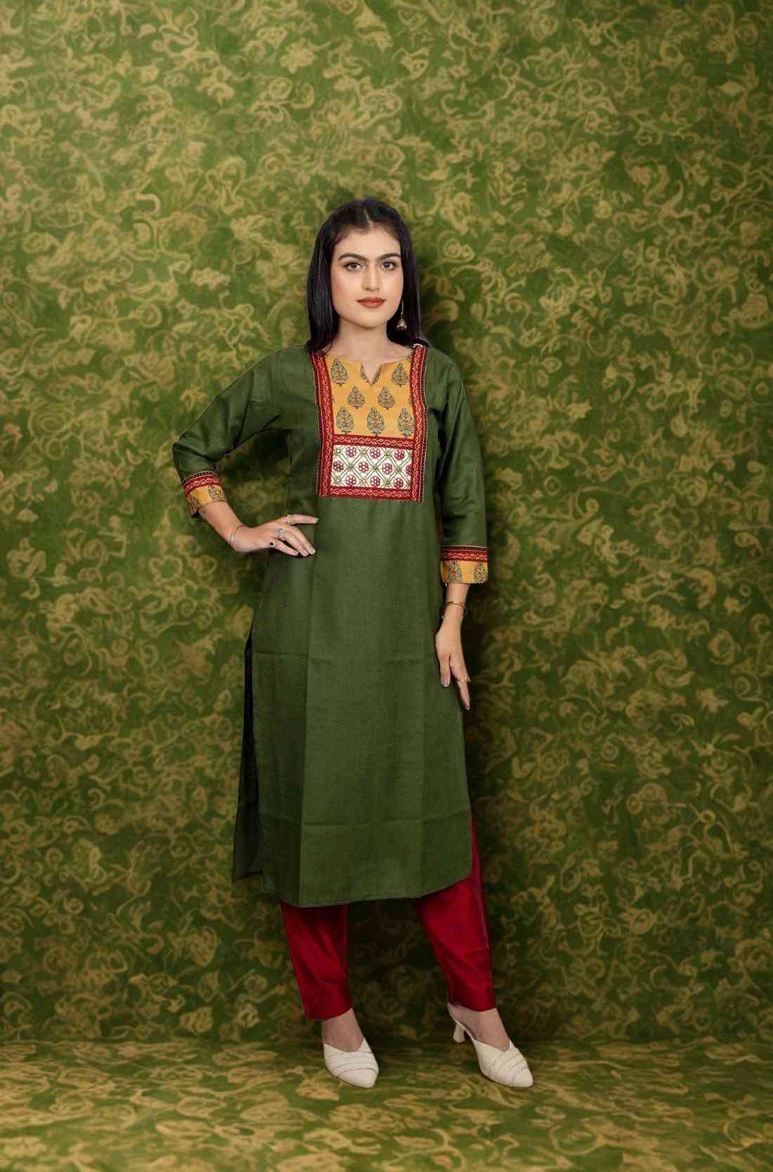 Dark Green Embroidered Cotton Straight Kurta – Styled Look