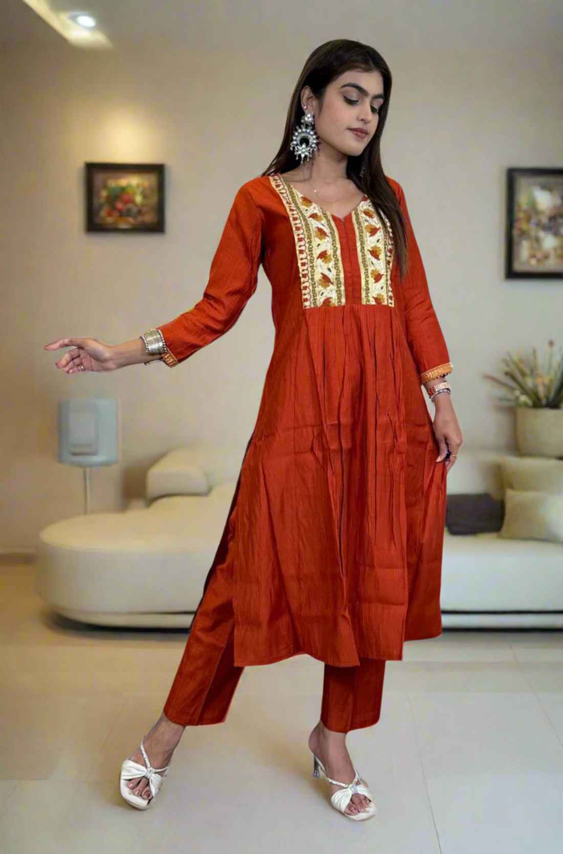 Full Front View – Hand embroidered berlin silk Rust Aline