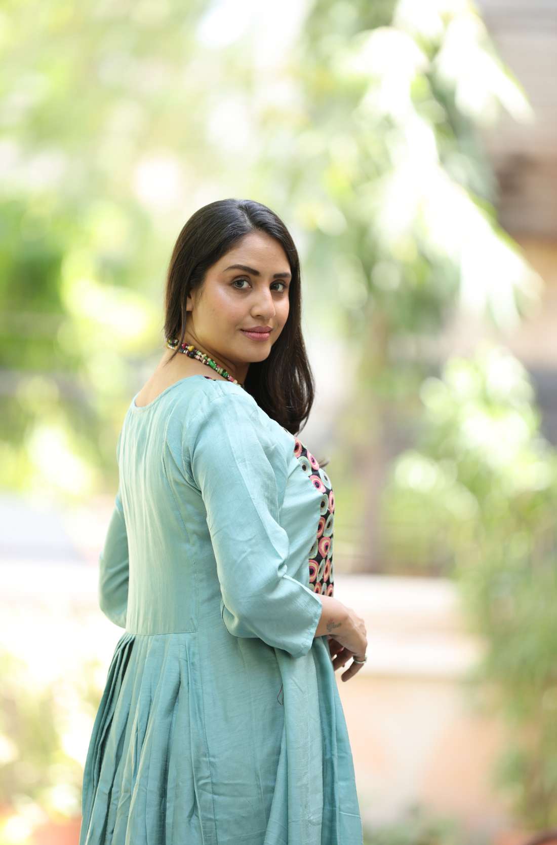 Sea Green Flared Kurti with Calf-Length Design – Back View