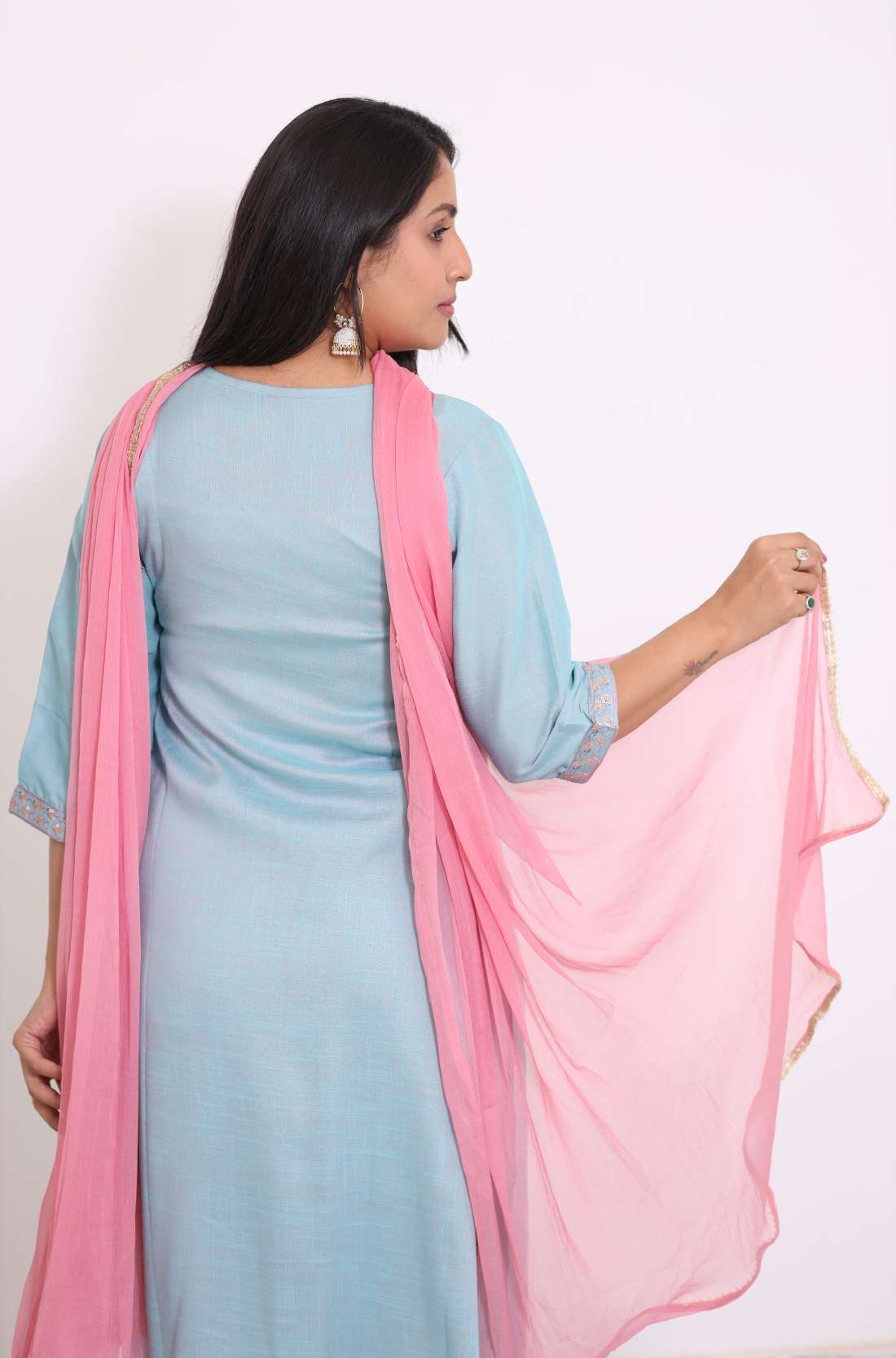 Sky Blue Embroidered Kurta Set – Back View