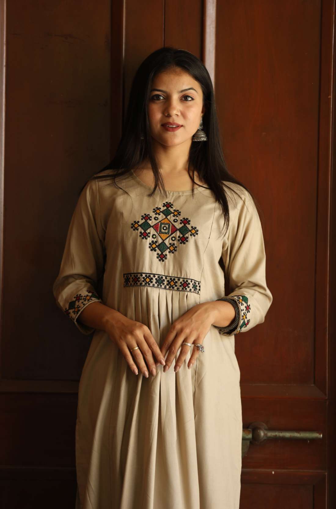 Beige A line Cross-Stitch Embroidery kurta Detailing – Close-Up