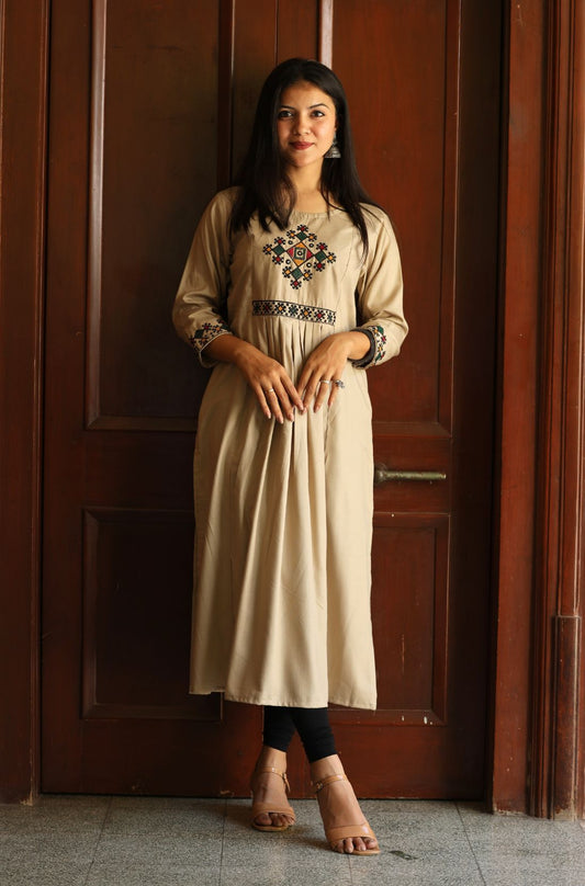 Embroidered Beige A line cross stitch Rayon Kurta