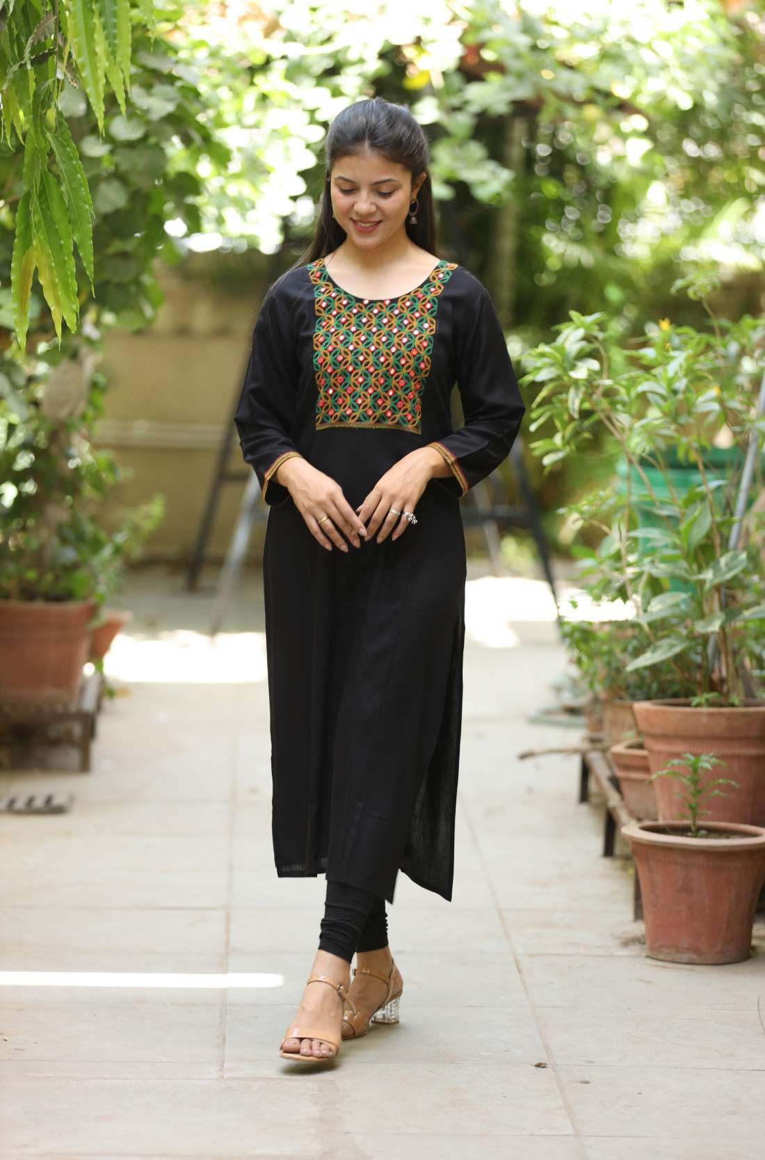 Black Embroidered Rayon Straight Kurta Embroidery – Walking Pose View