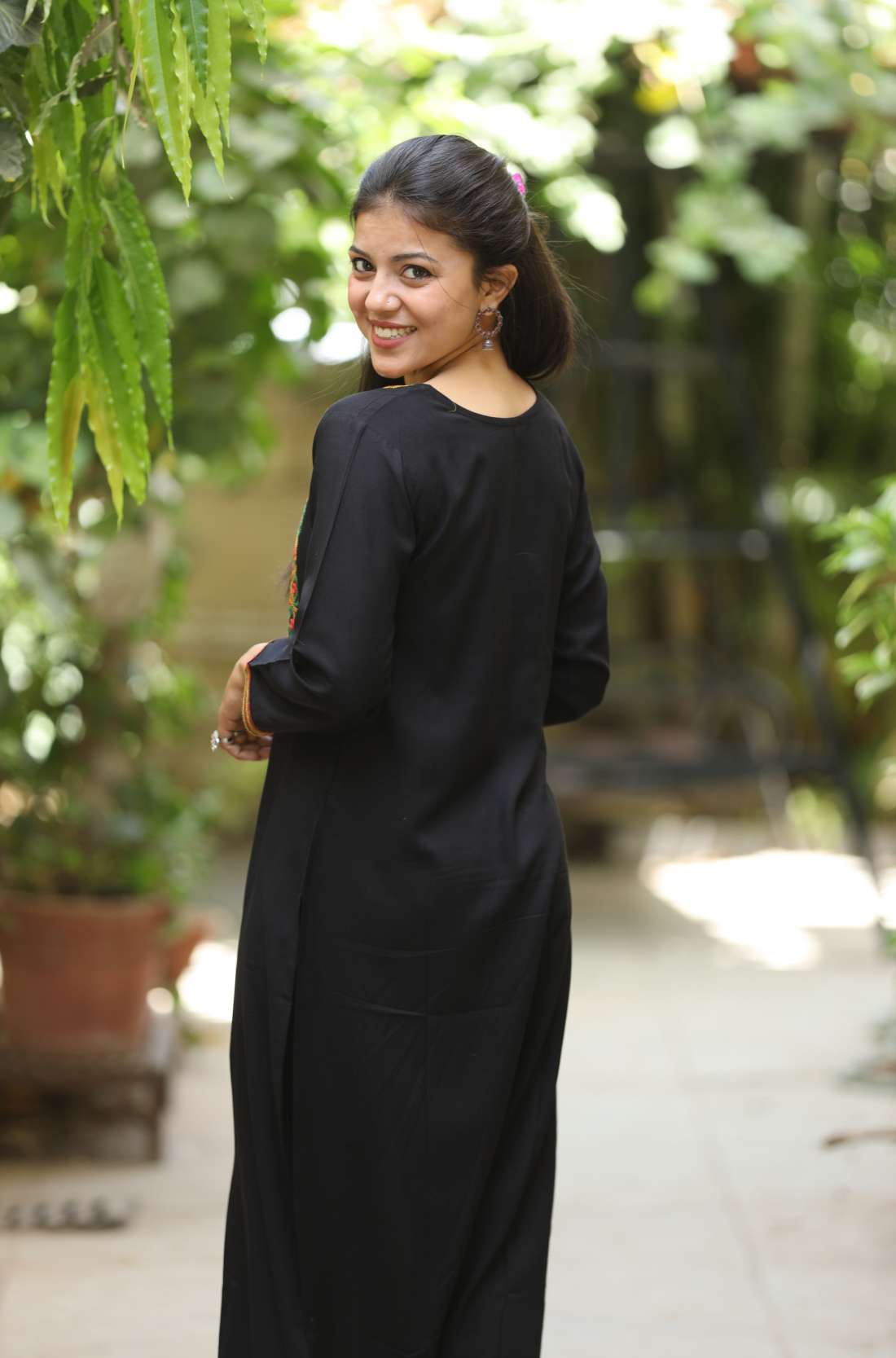 Black Embroidered Rayon Straight Kurta – Back View