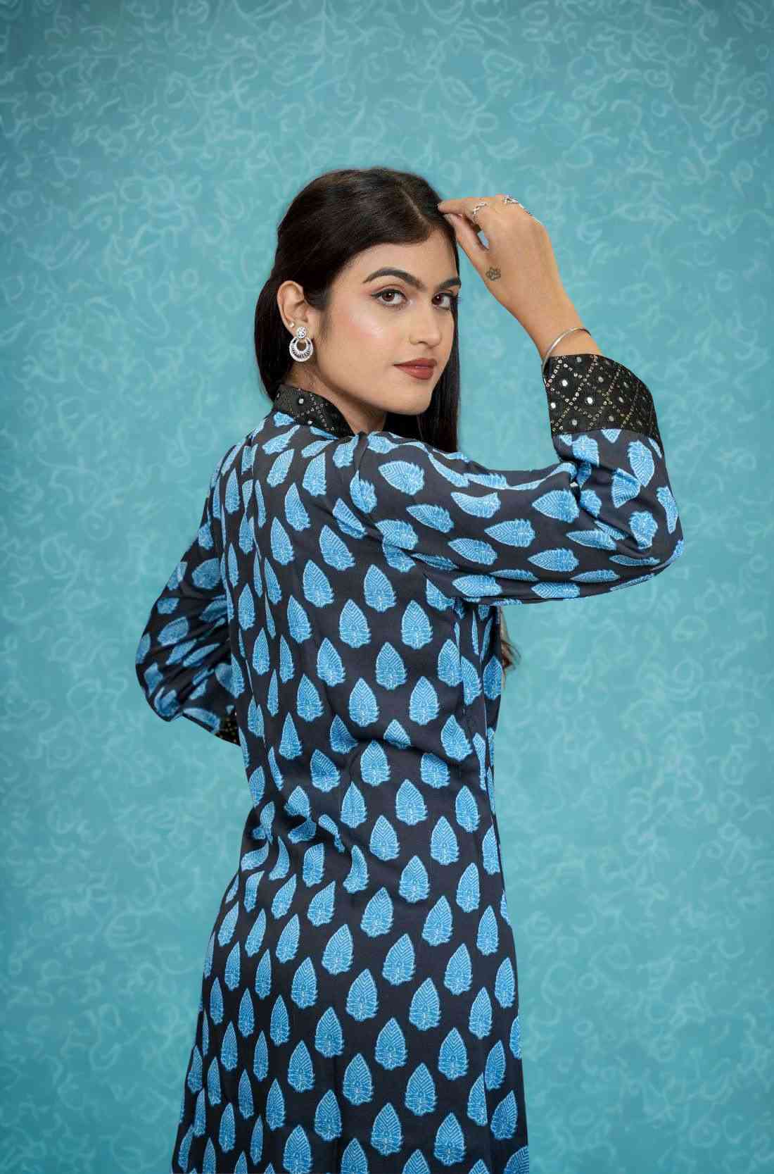 Black Blue Printed Modal Silk Aline Kurta – Back View