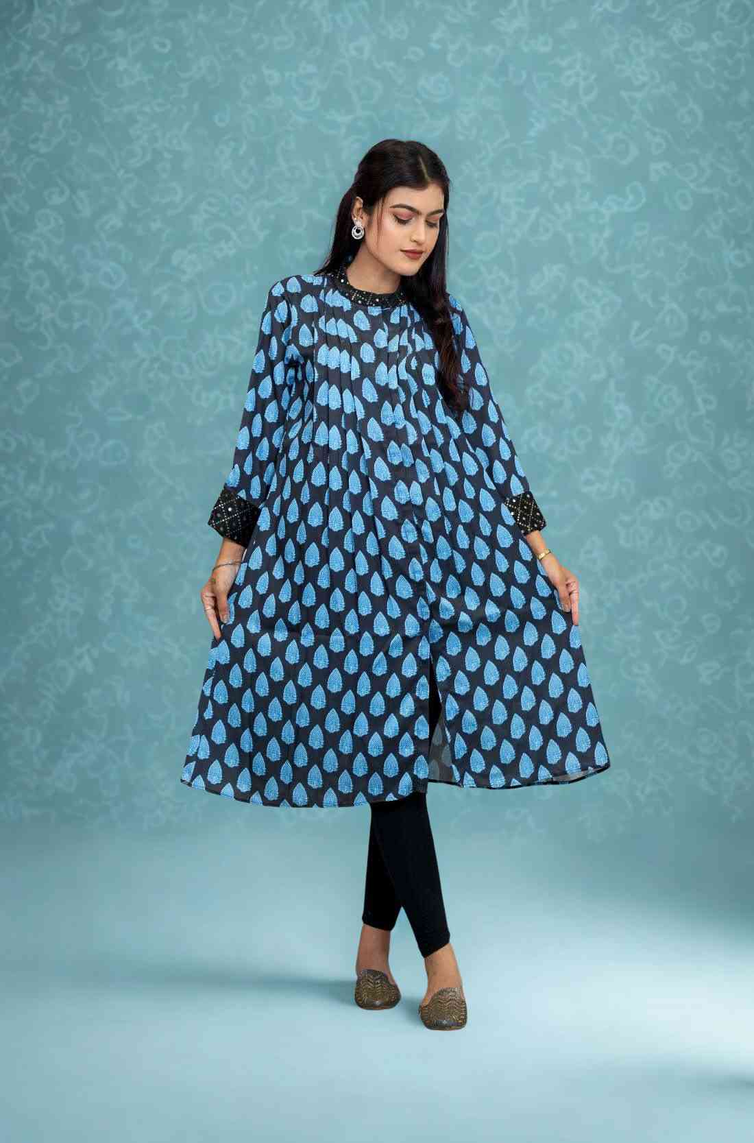 Black Blue Printed Modal Silk Aline Kurta – Flared Hem View