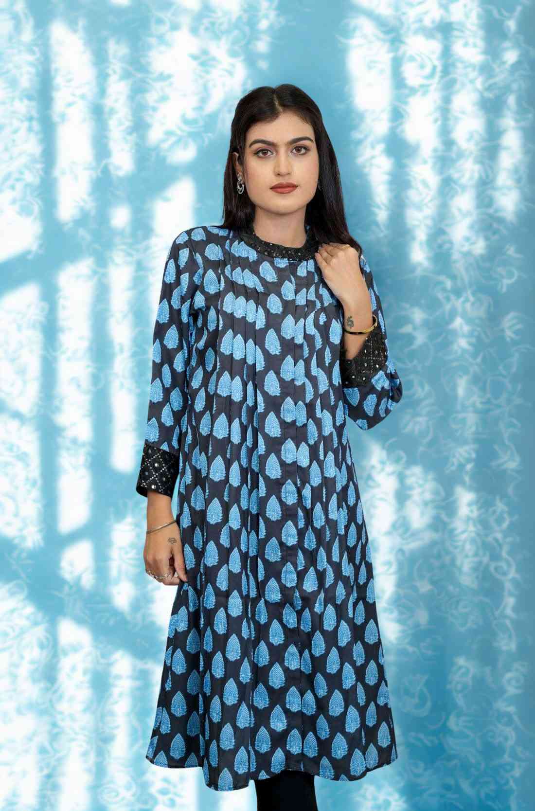 Black Blue Printed Modal Silk Aline Kurta – Front View