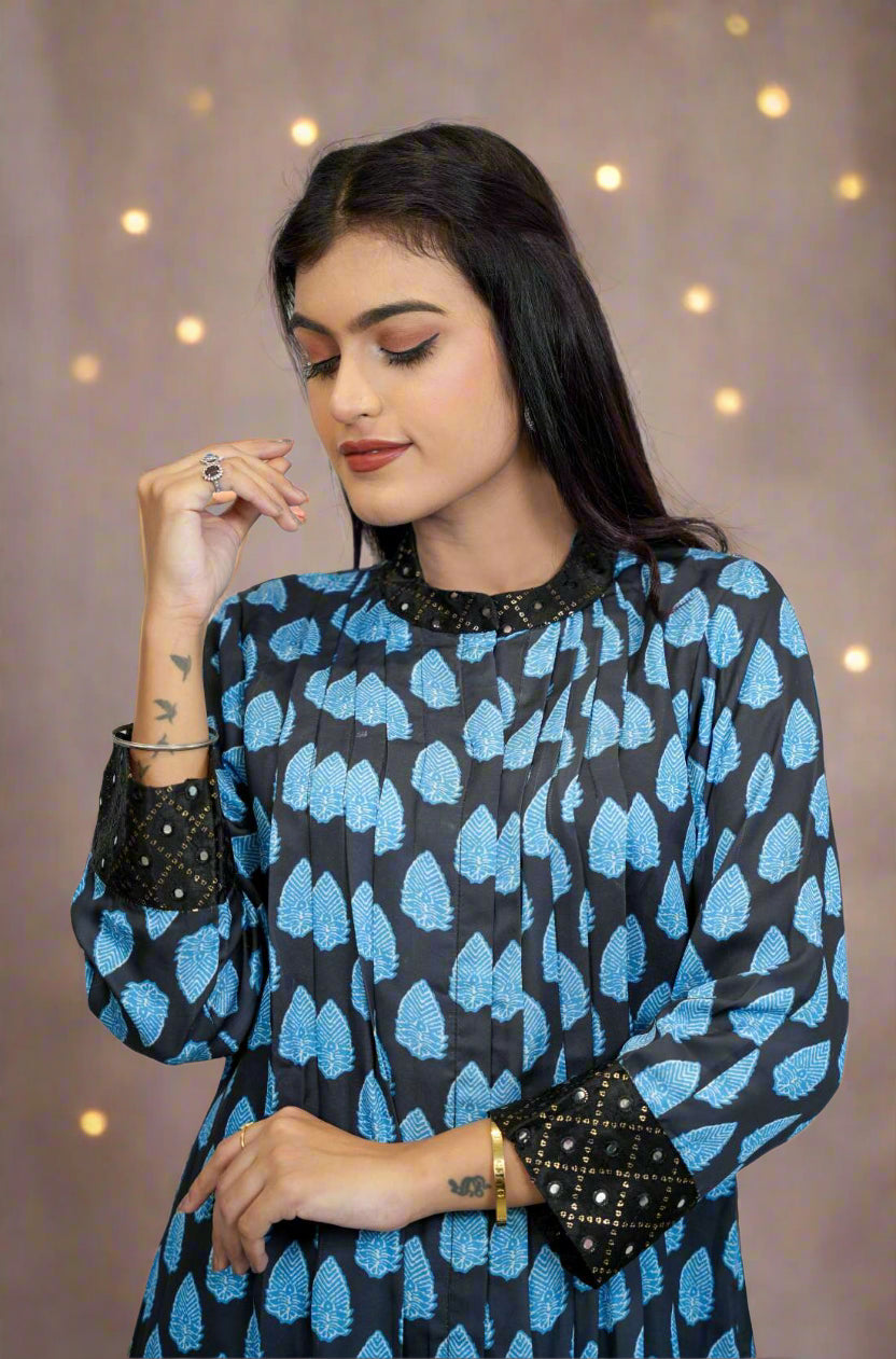Black blue printed modal silk A line kurta  – Close-Up