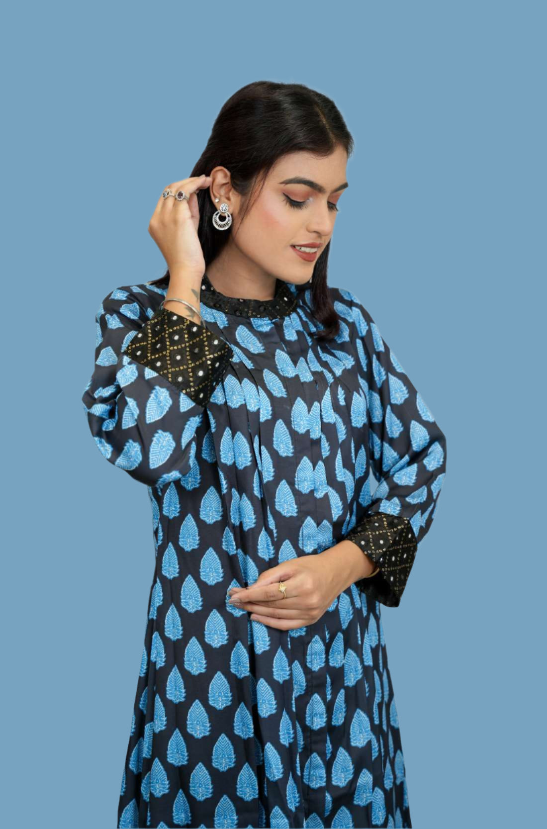 Black Blue Printed Modal Silk Aline Kurta for Festive Wear – Styled Look