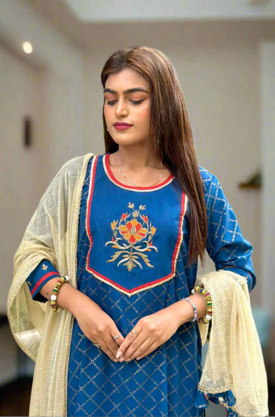 Close-up view – Blue Crepe hand embroidered suit set