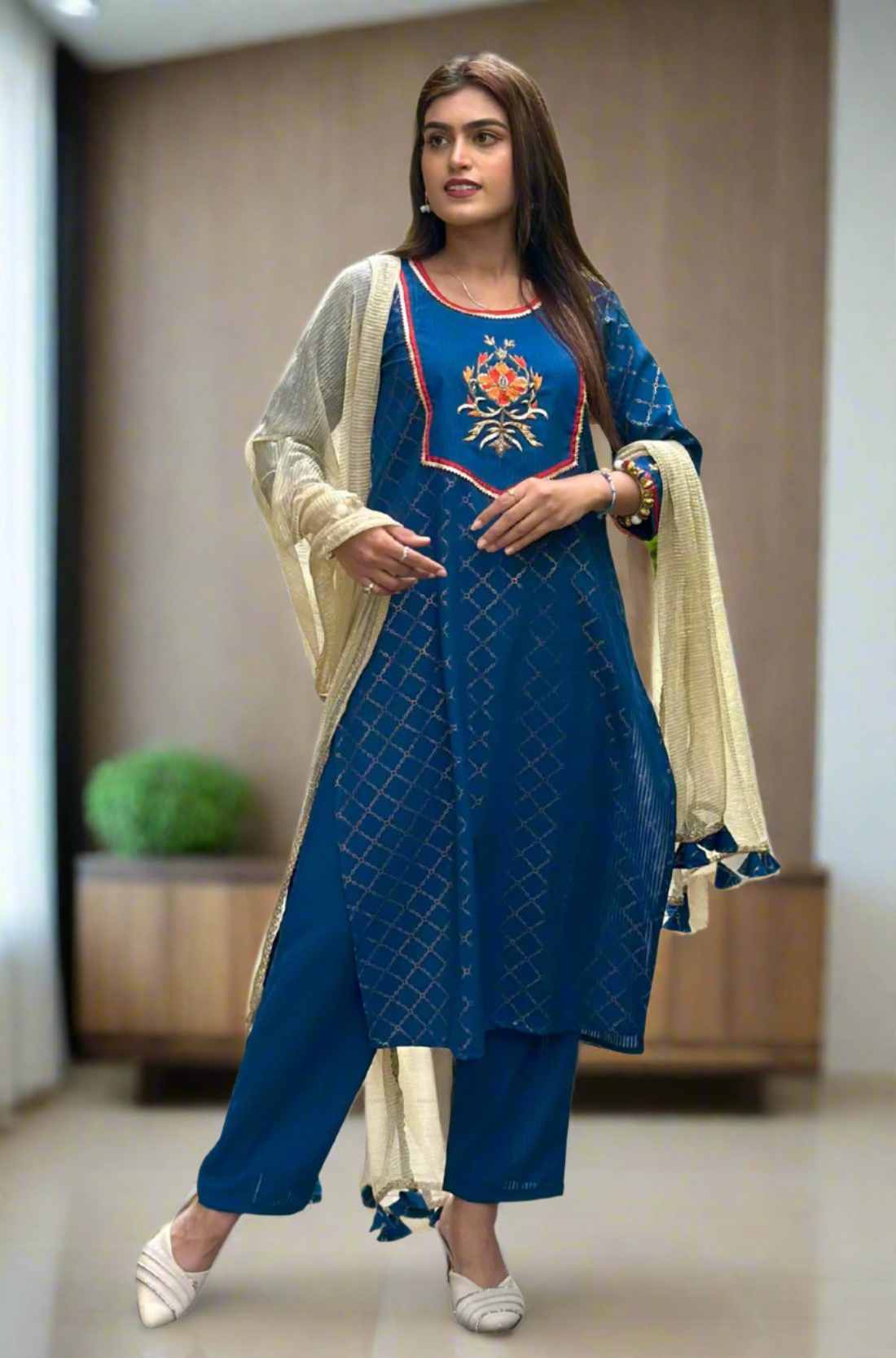 Front View – Blue Crepe hand embroidered suit set