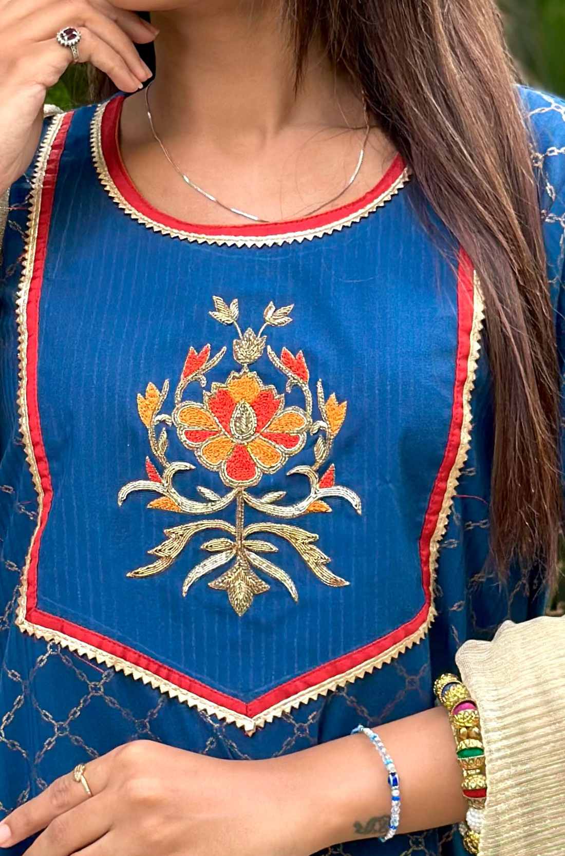 Close-up View – Blue Crepe hand-embroidered suit set with golden crush spandex dupatta