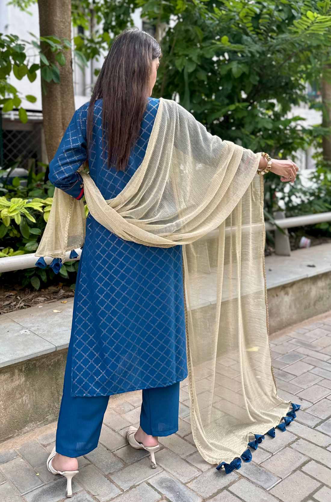 Back-side View – Blue Crepe hand embroidered suit set