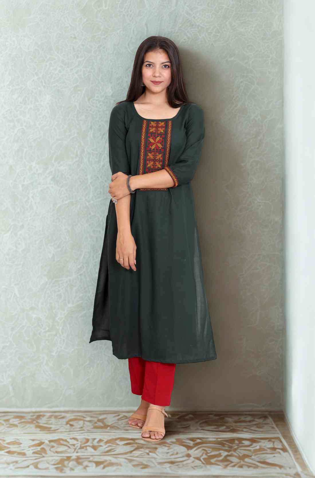 Bottle Green Rayon Kurti – Full-Length View