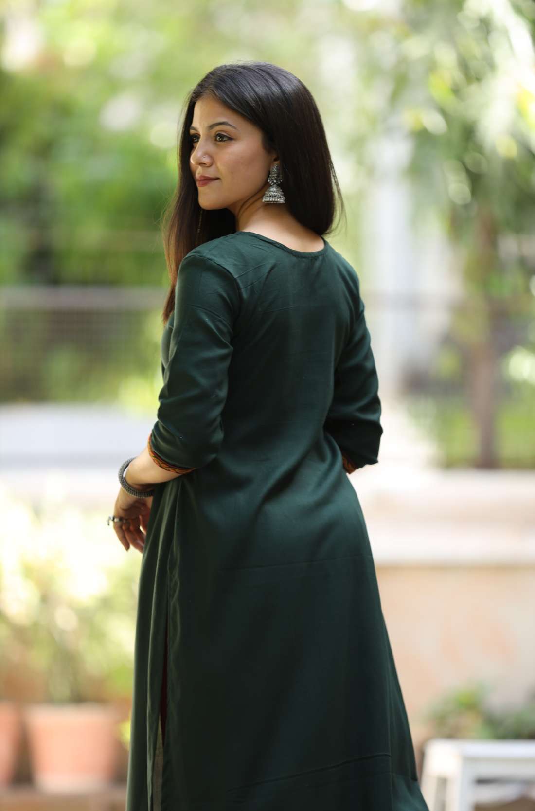 Bottle Green Rayon Embroidered Kurti – Back View