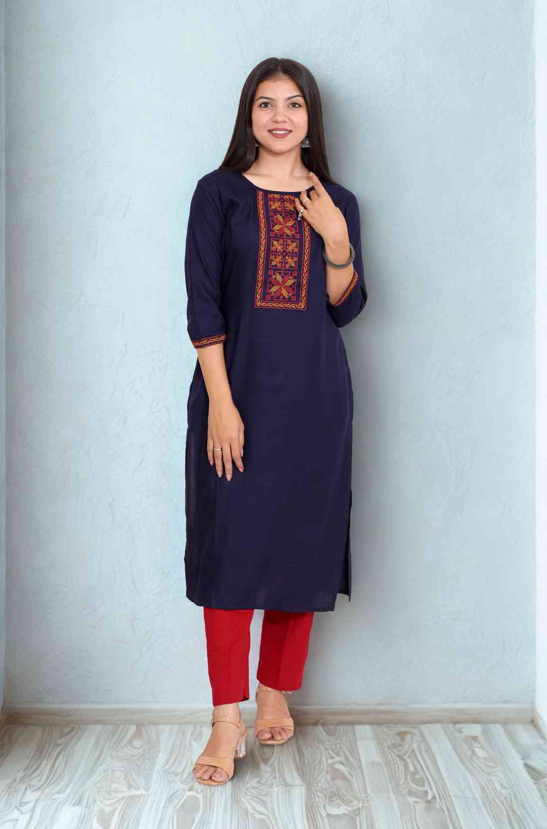Soft and Breathable Navy Blue Rayon Straight Kurta – Full Length View
