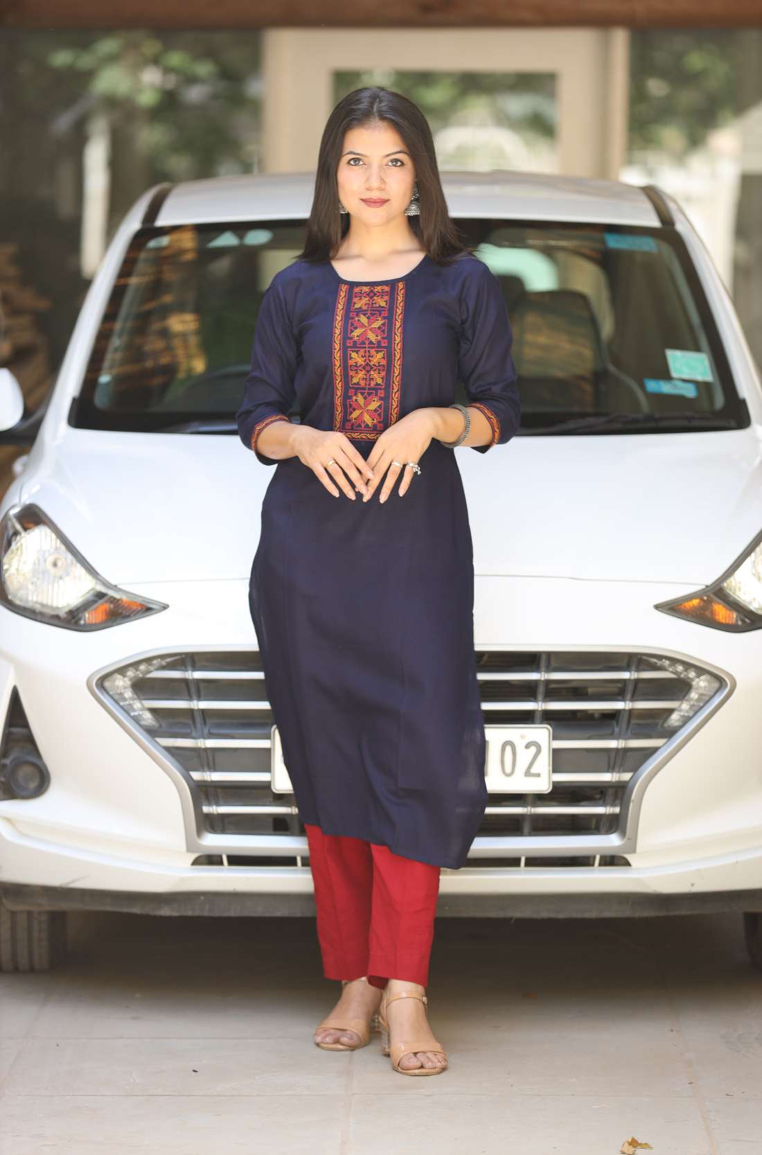 Navy Blue Rayon Embroidered Straight Kurti – Front View