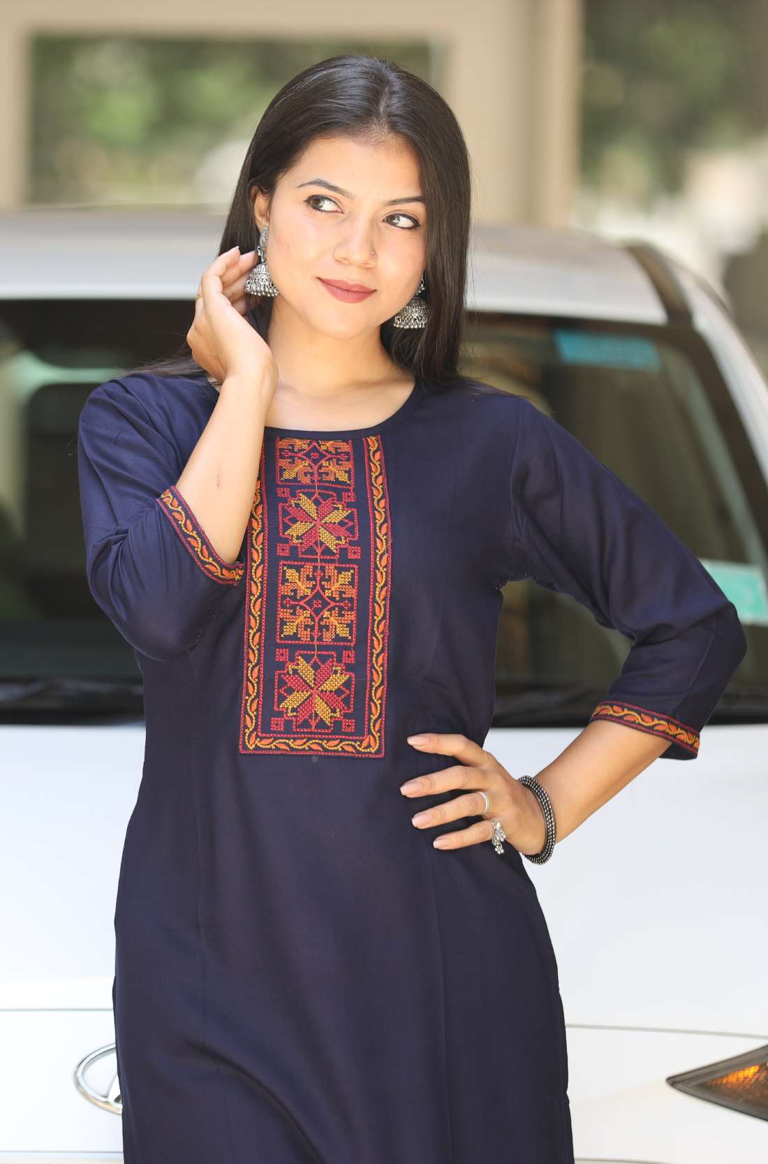 Embroidery Detailing on Navy Blue Kurti – Close-Up View