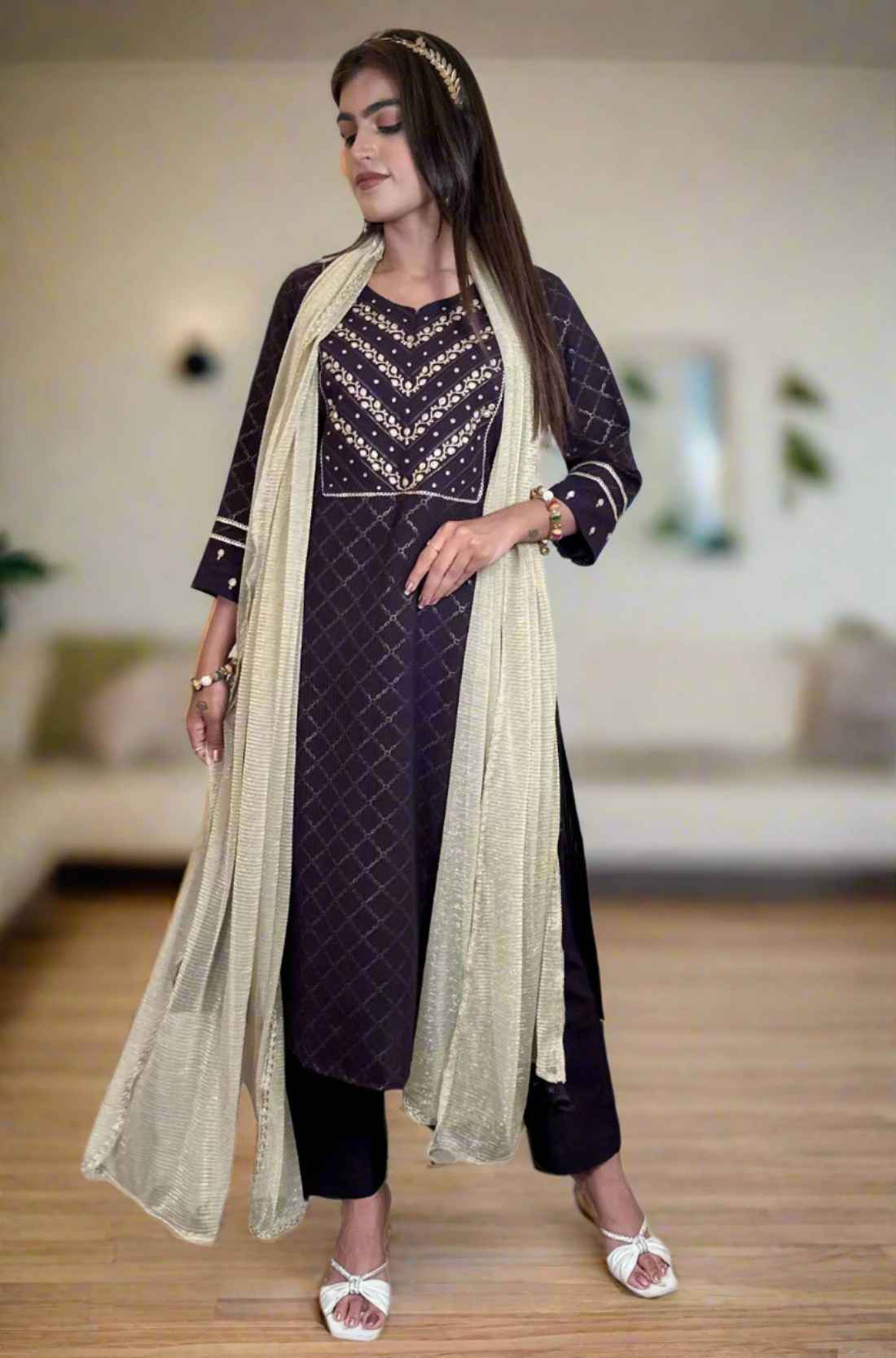 Crepe Hand Embroidered Suit – Full Front View
