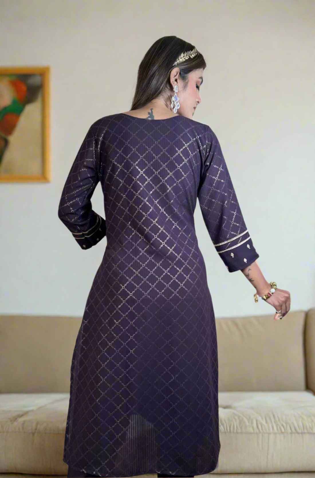 Crepe Hand Embroidered Suit – Back View Showing Full Pattern