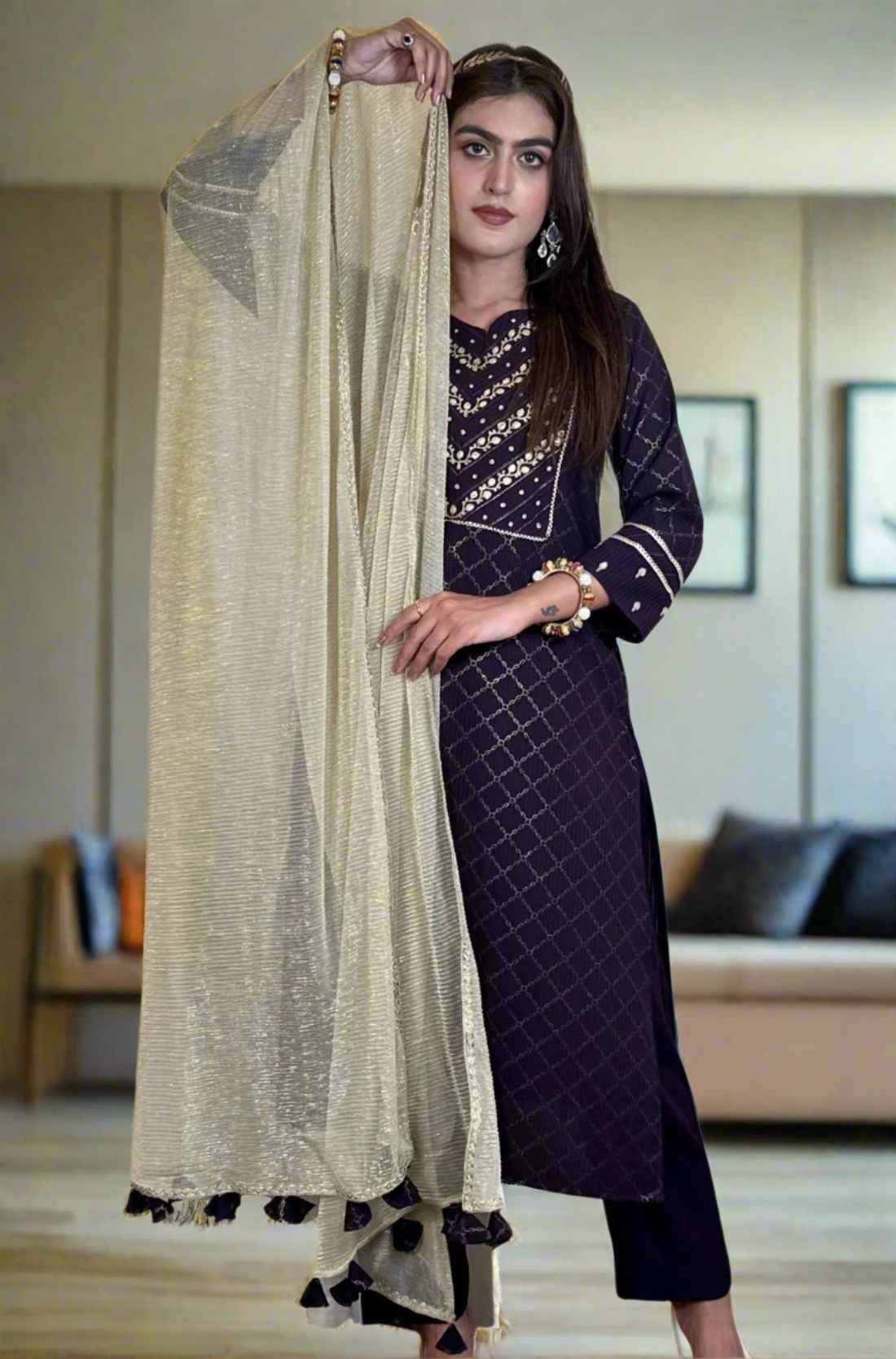 Crepe Hand Embroidered Suit – Full Front View with Dupatta