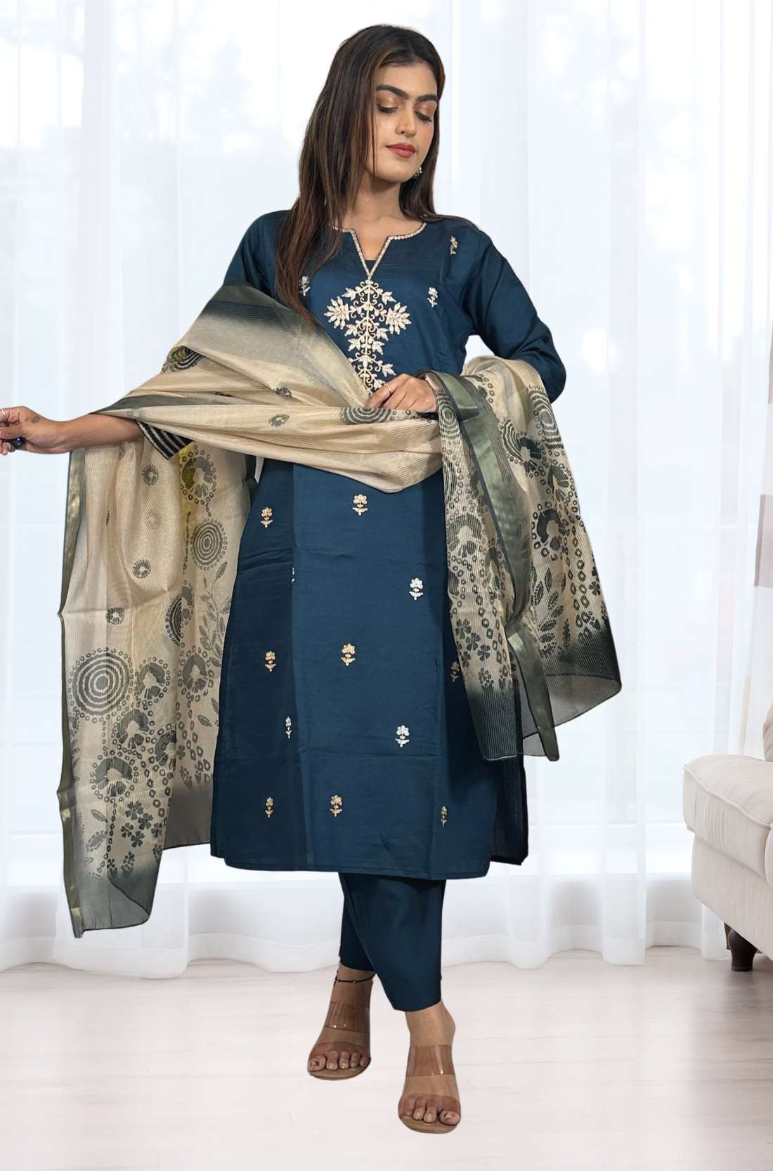Dark Blue kurta set in full view with chanderi dupatta