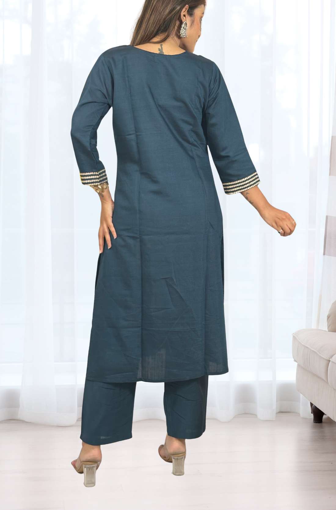 Dark blue kurta set back view showing back print