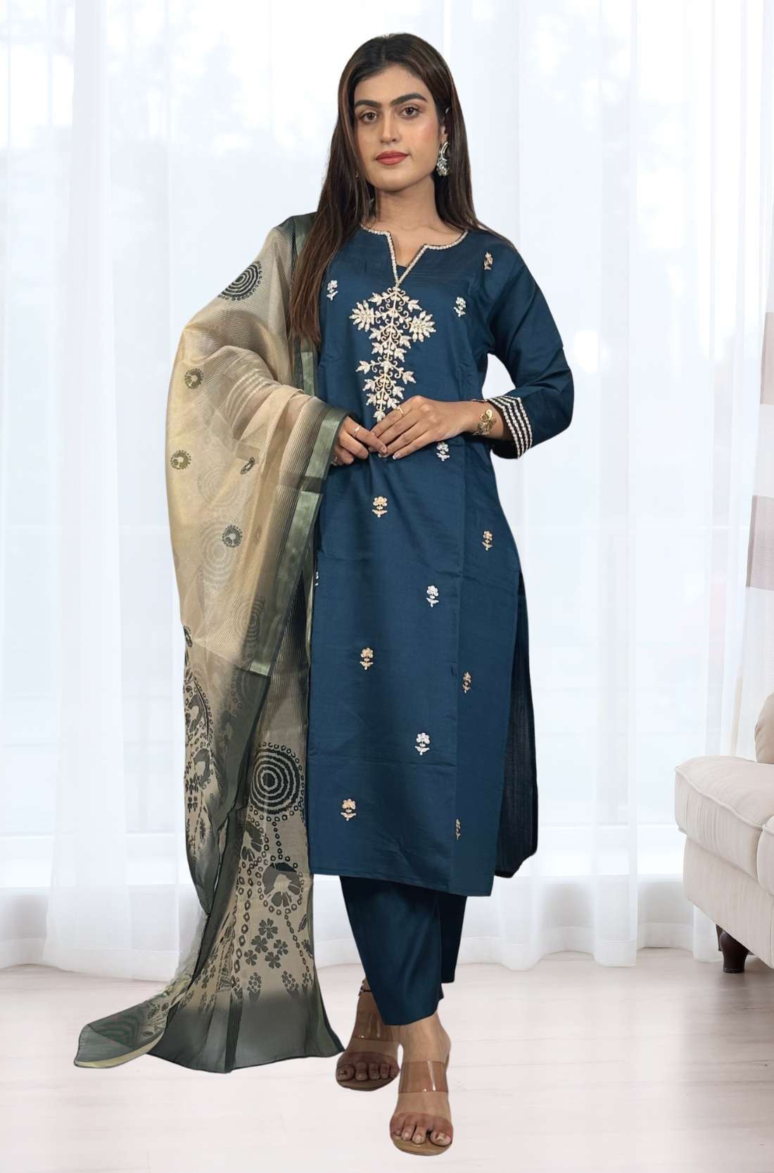 Dark blue kurta set with aari work embroidery in full view with chanderi dupatta