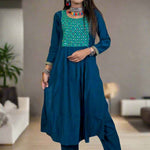 Front View – Mirror hand work berlin silk dark blue Aline Kurta