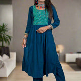 Front View – Mirror hand work berlin silk dark blue Aline Kurta