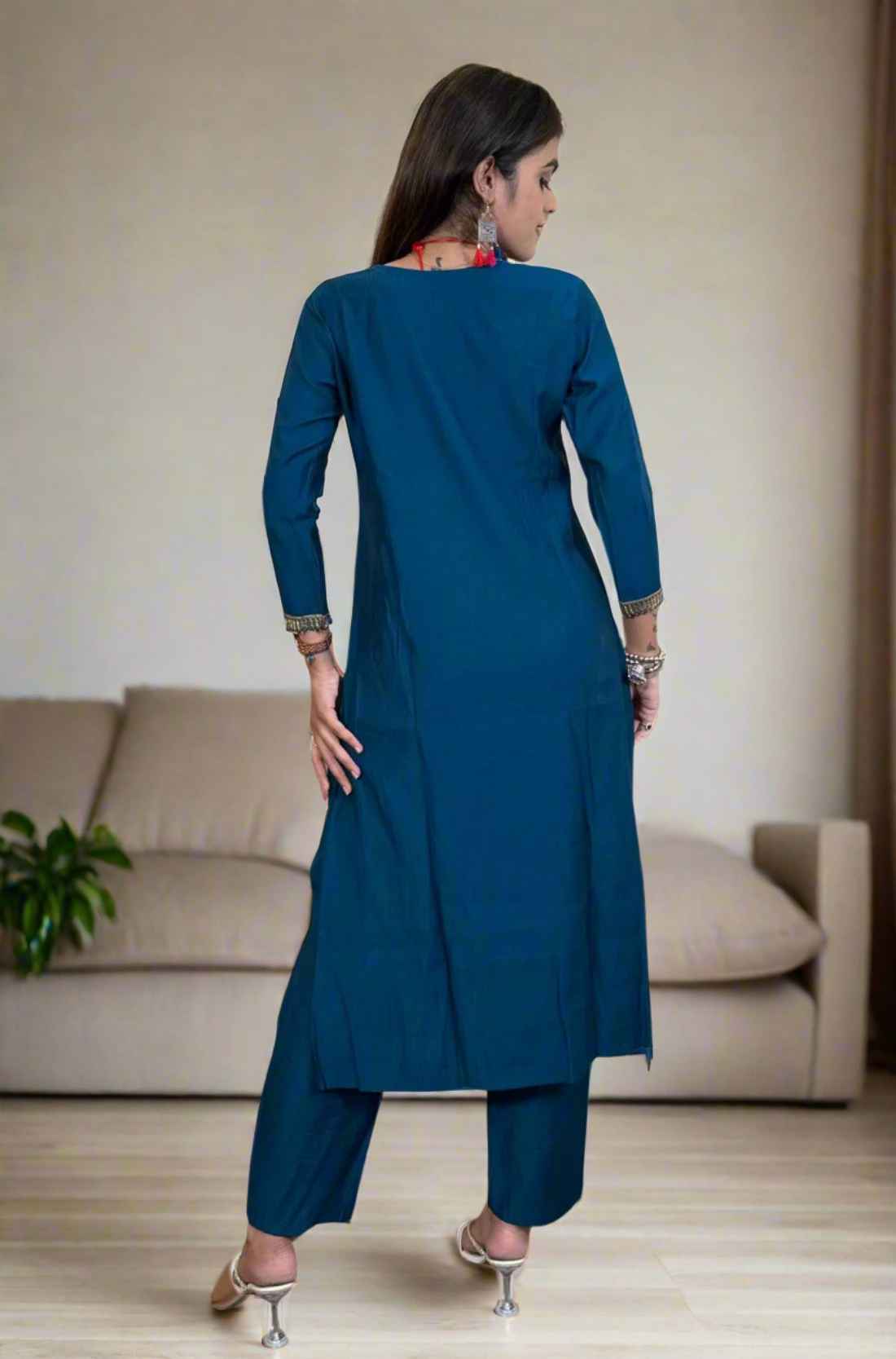 Back-side View – Mirror hand work berlin silk dark blue Aline Kurta