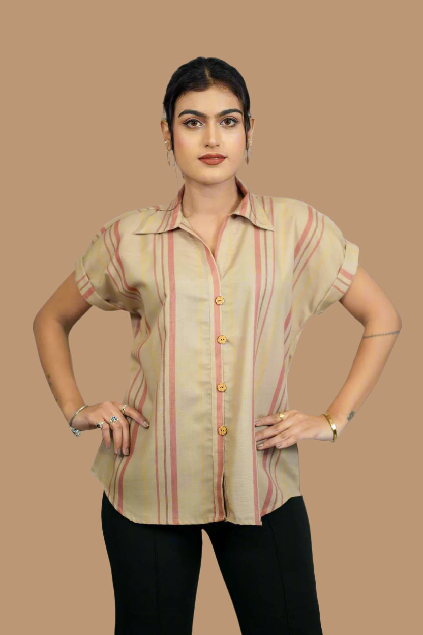Beige Striped Rayon Shirt for Women – Front View