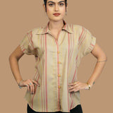Beige Striped Rayon Shirt for Women – Front View
