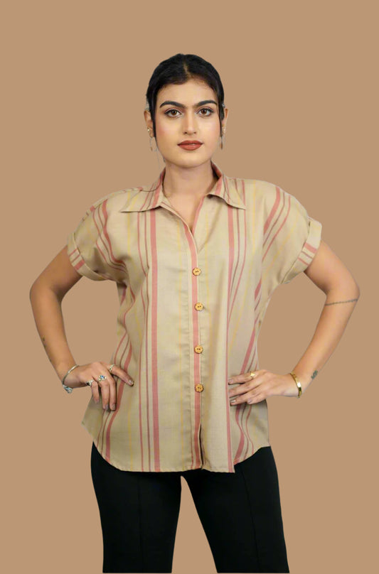 Beige Striped Rayon Shirt for Women – Front View