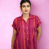 Dark Pink Striped Rayon Shirt – Close-up View