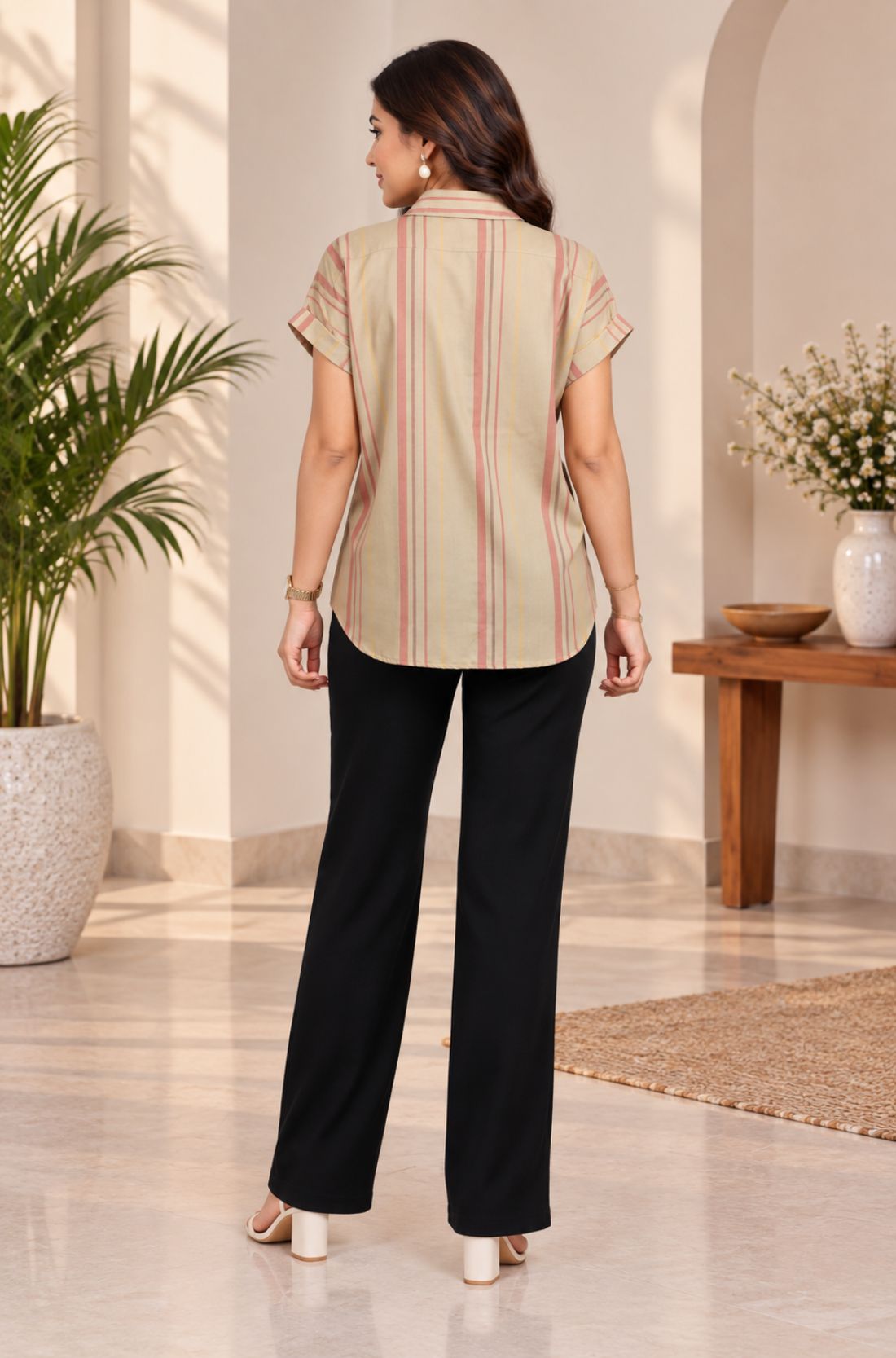 Beige Striped Rayon Top – Back View