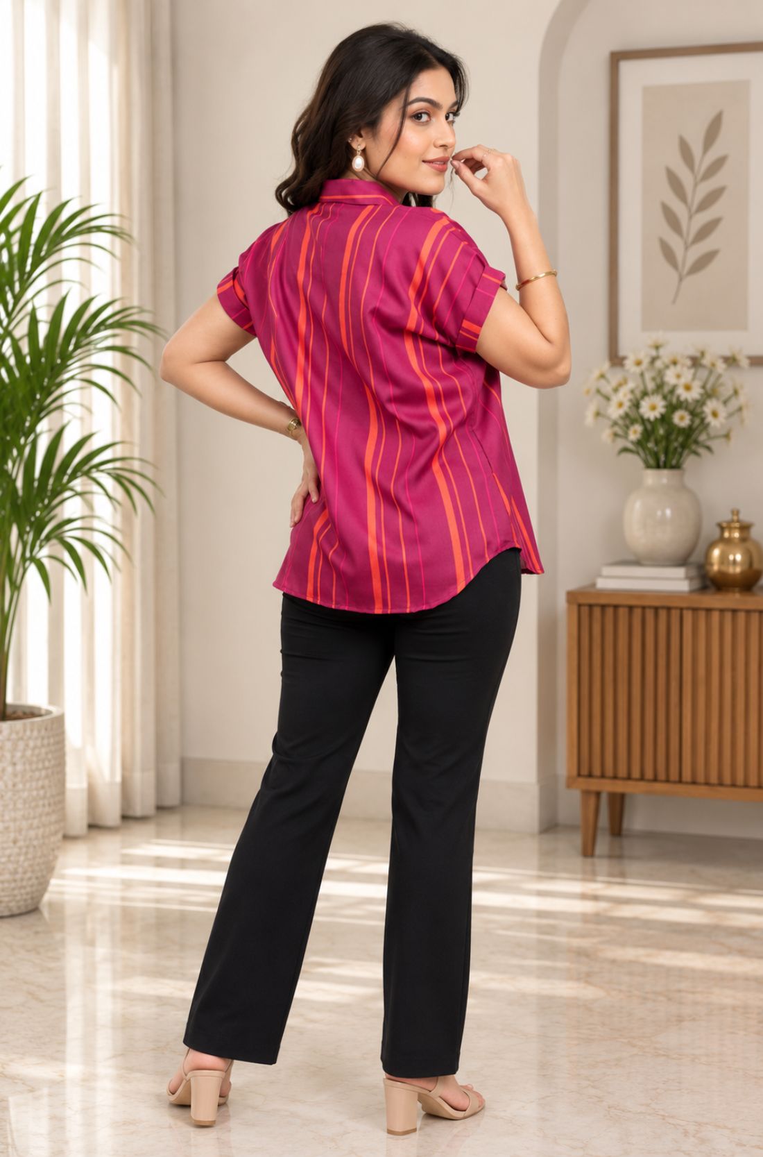 Dark Pink Striped Rayon Top – Back View