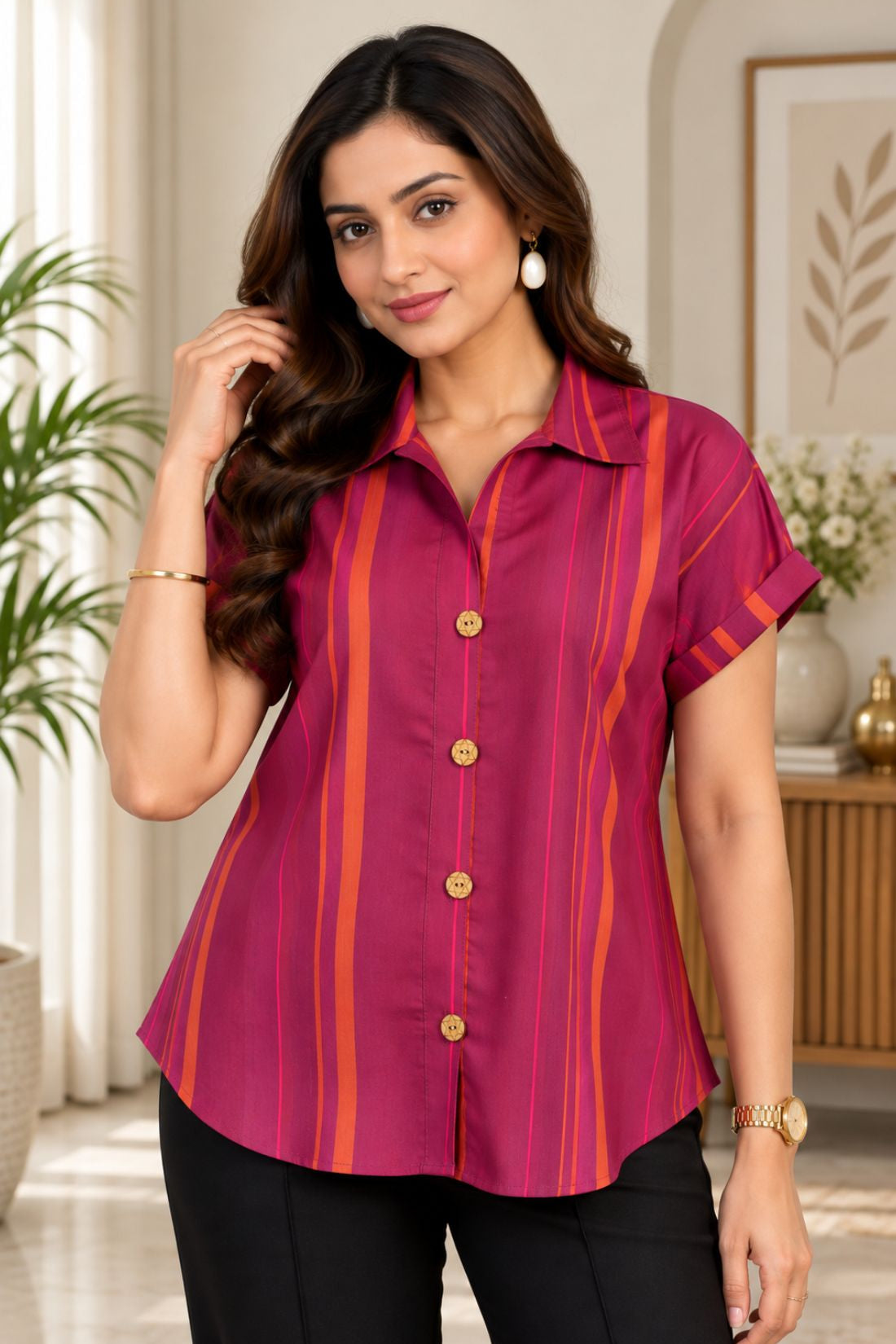 Dark Pink Striped Rayon Top – Close-up View