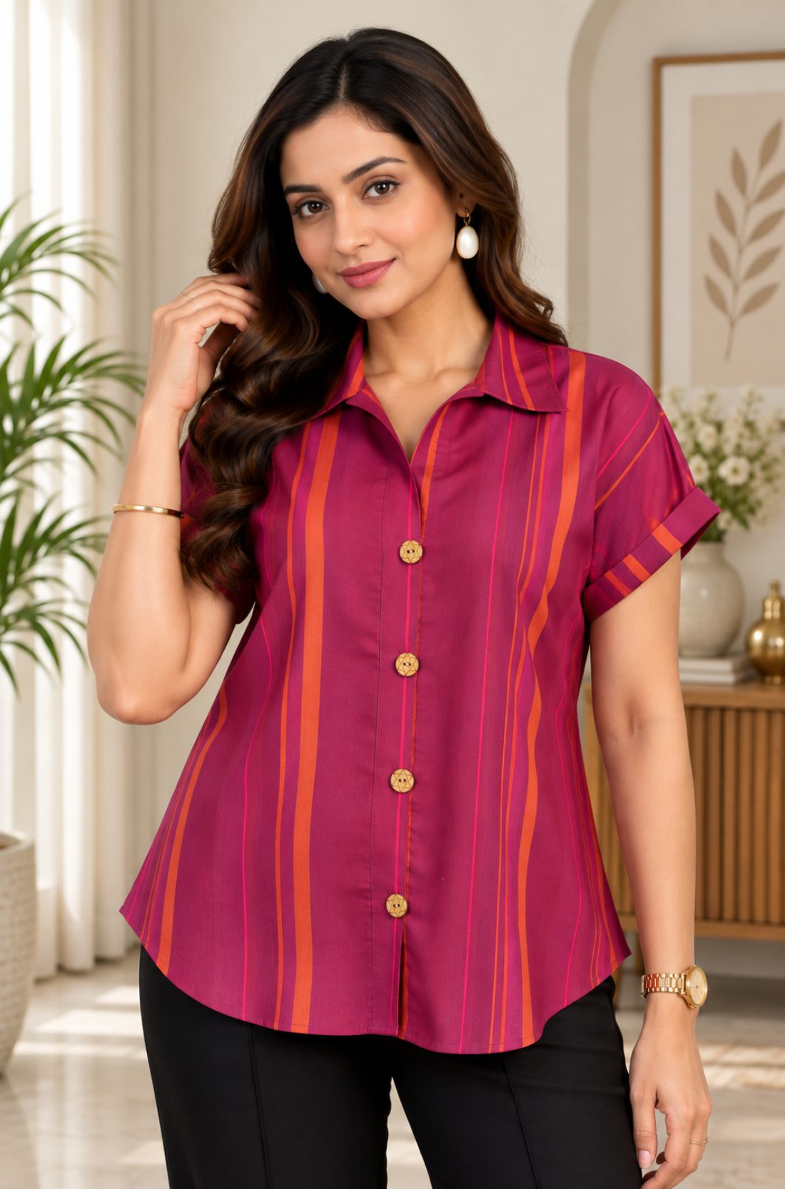 Dark Pink Striped Rayon Top – Close-up View