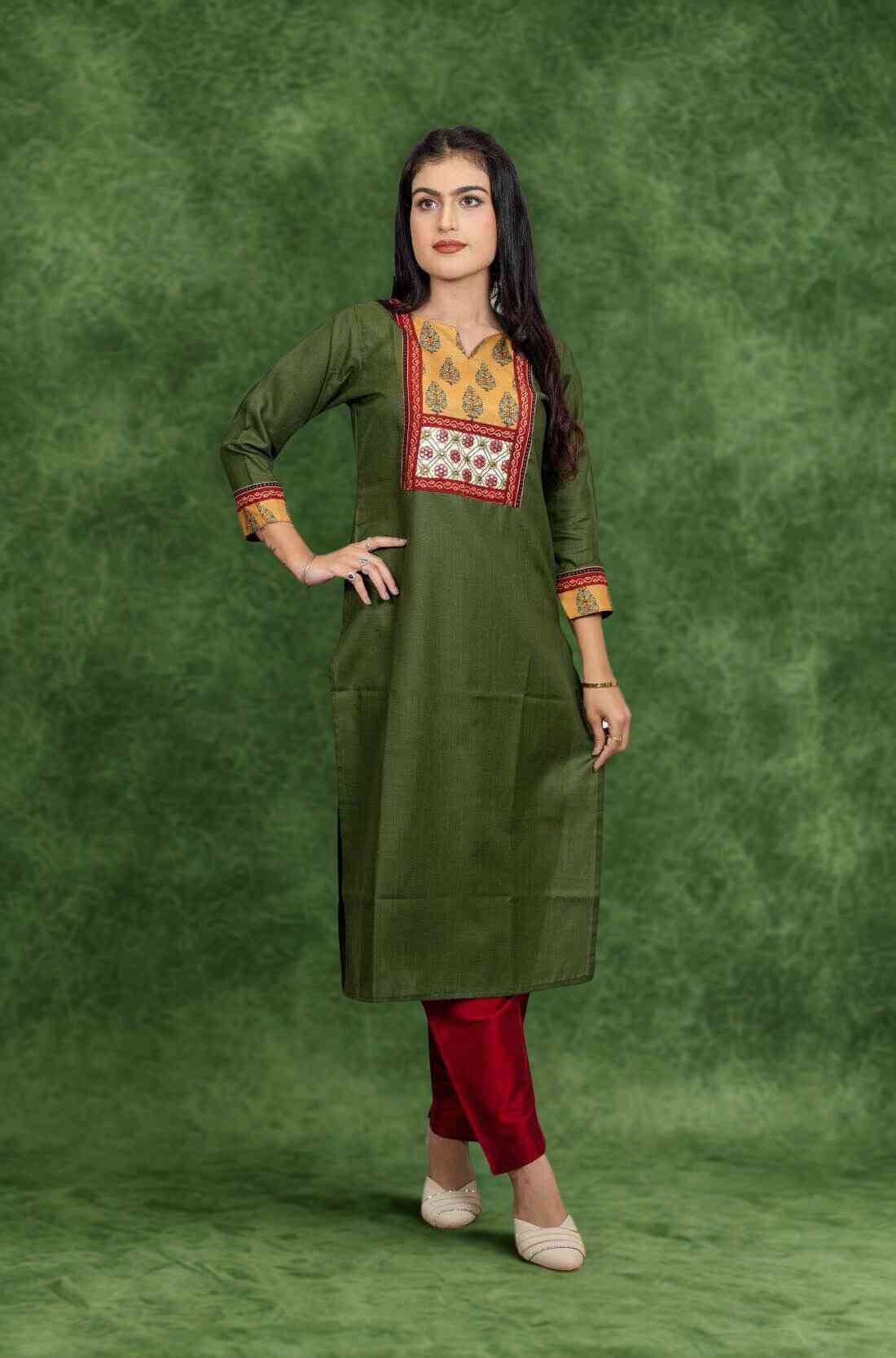 Dark Green Embroidered Cotton Straight Kurta – Front View