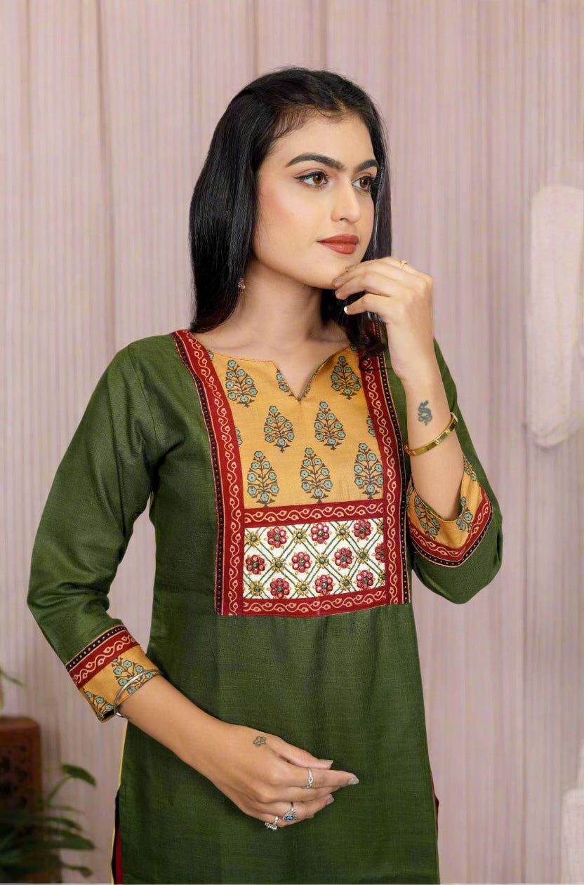 Dark green Embroidery and Hand Block Print Kurta – Close-Up