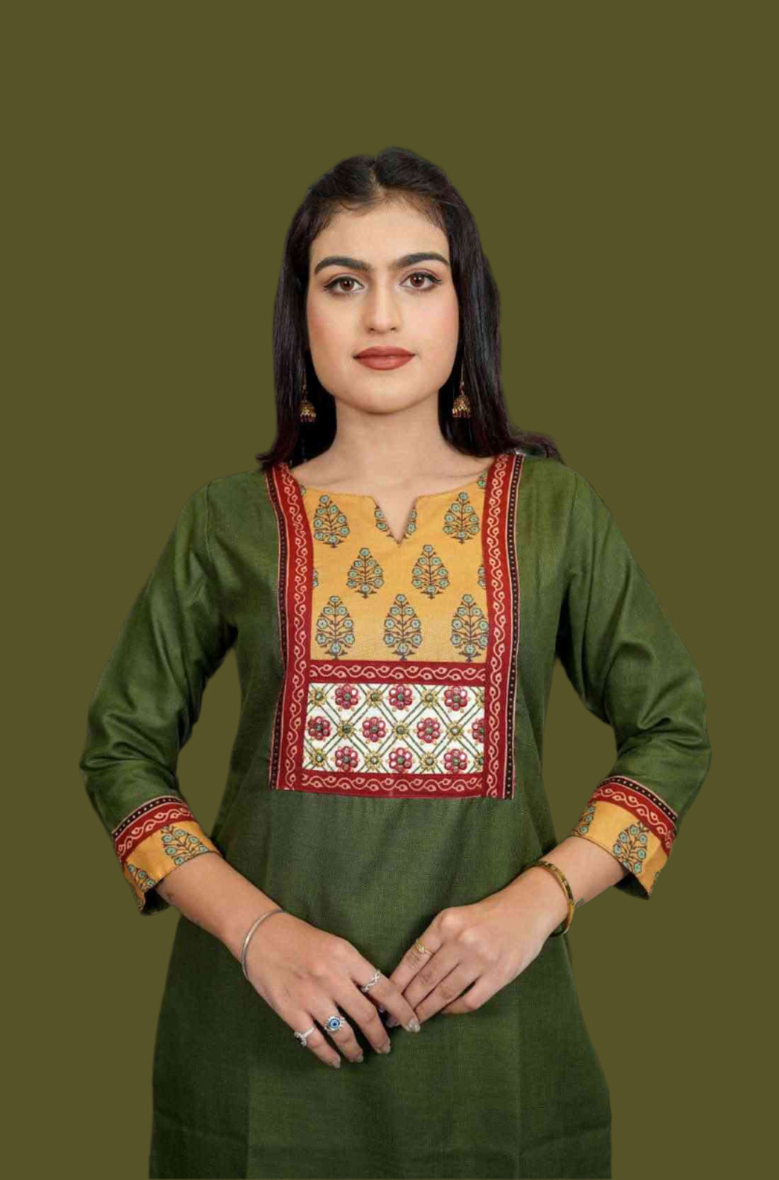 Dark Green Embroidered Cotton Straight Kurta – Print Detailing