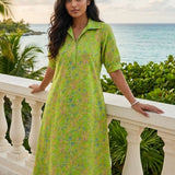 Women's Lime Green Jaipur Floral Print Pure Cotton Frock Dress - Front View
