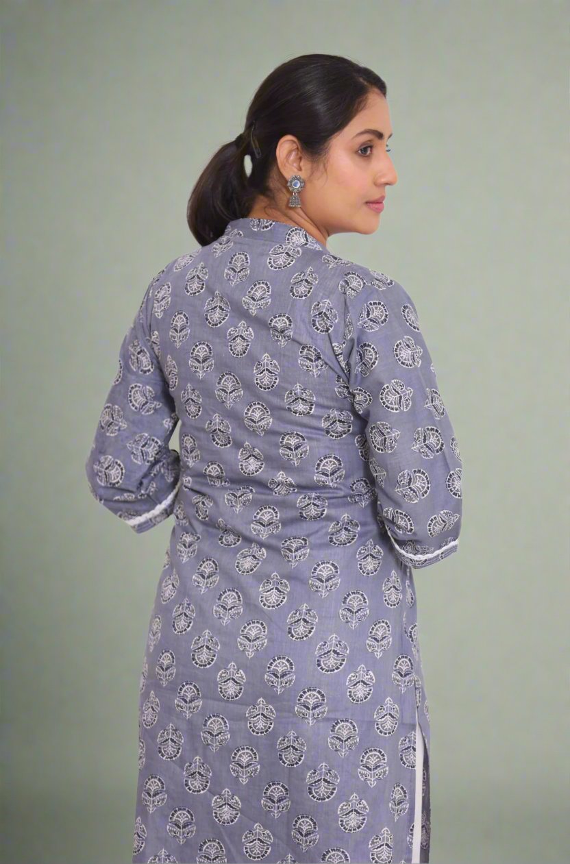 Grey Printed Cotton Straight Kurta – Back View
