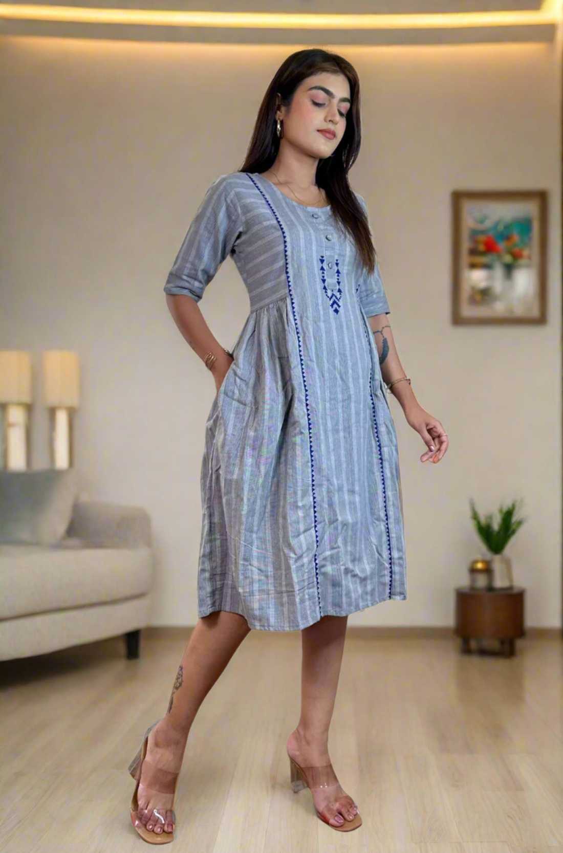 Grey Frock with Hand Block Print – Front Full View