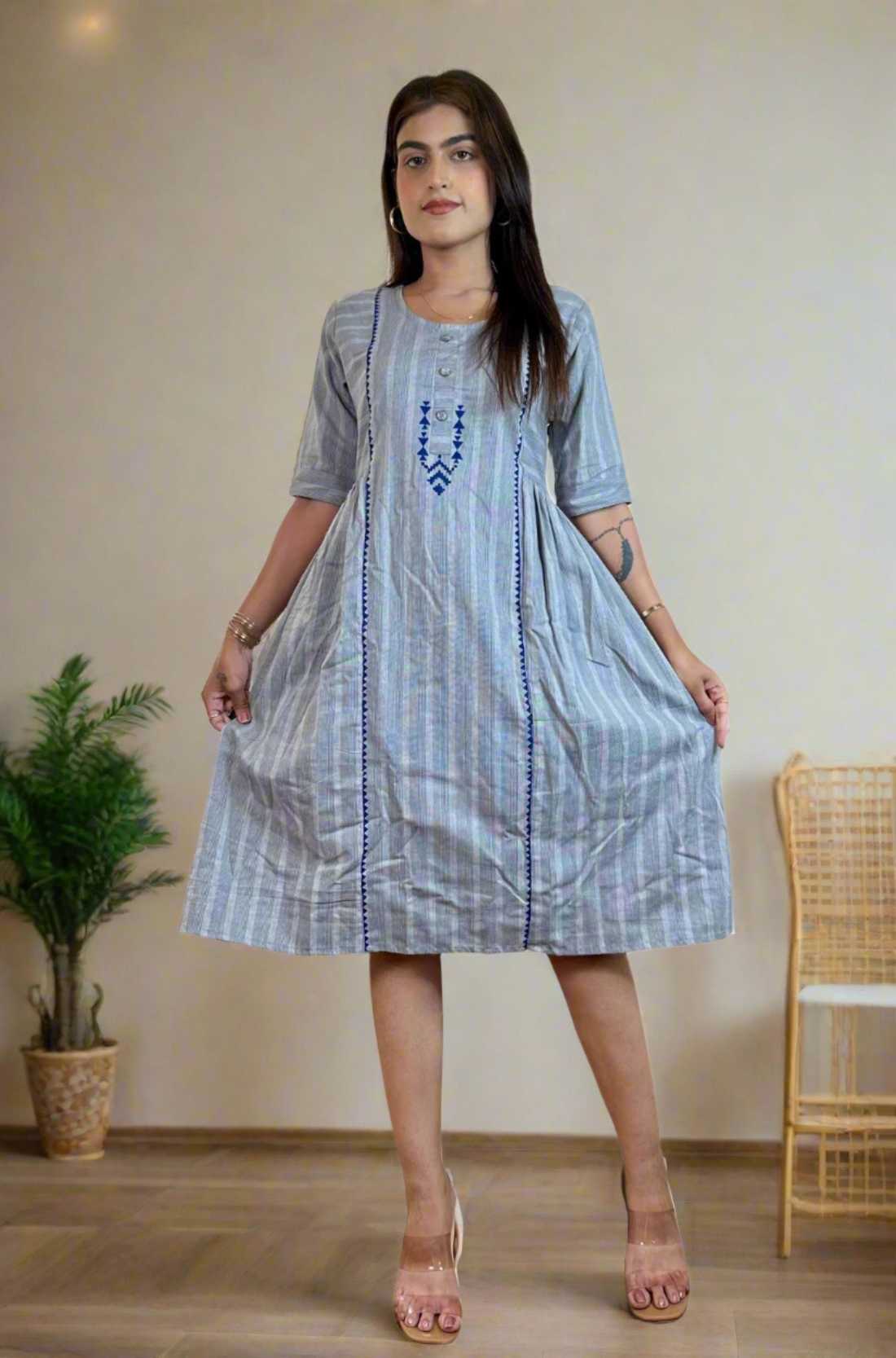 Grey Hand Block Print Frock – Flared Hem View