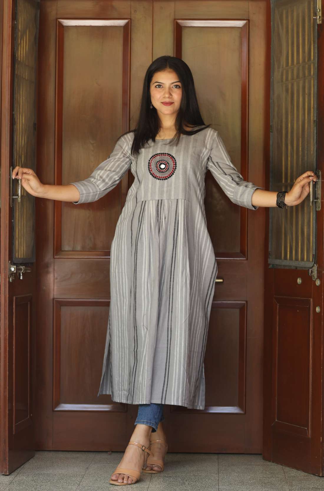 Grey Cotton Embroidered Aline Kurta – Front View