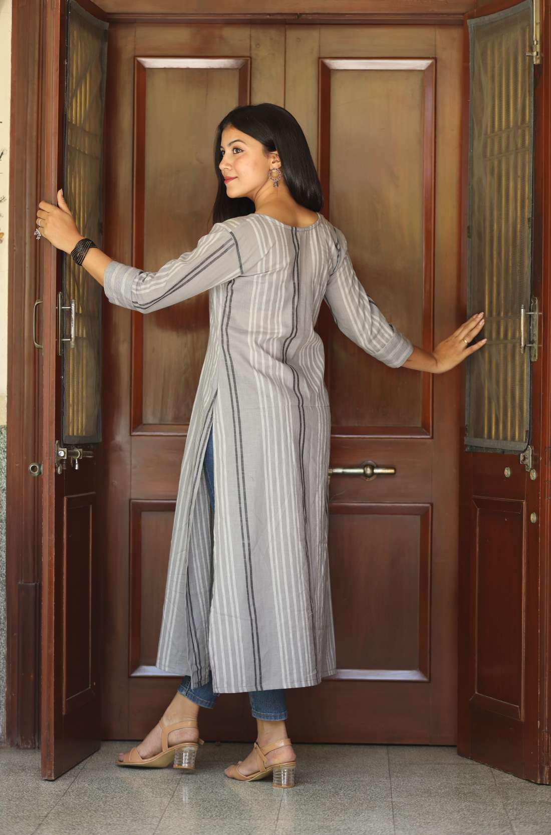 Grey Cotton Embroidered Aline Kurta – Back View