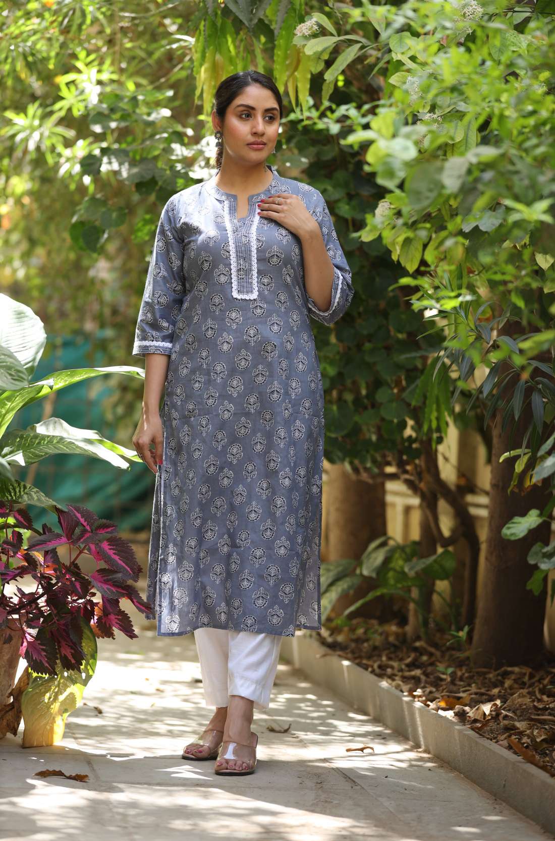 Grey Printed Cotton Kurta – Lifestyle Shot